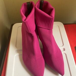 Hot Pink Knit Sock Ankle Booties with Fold-Over Cuff